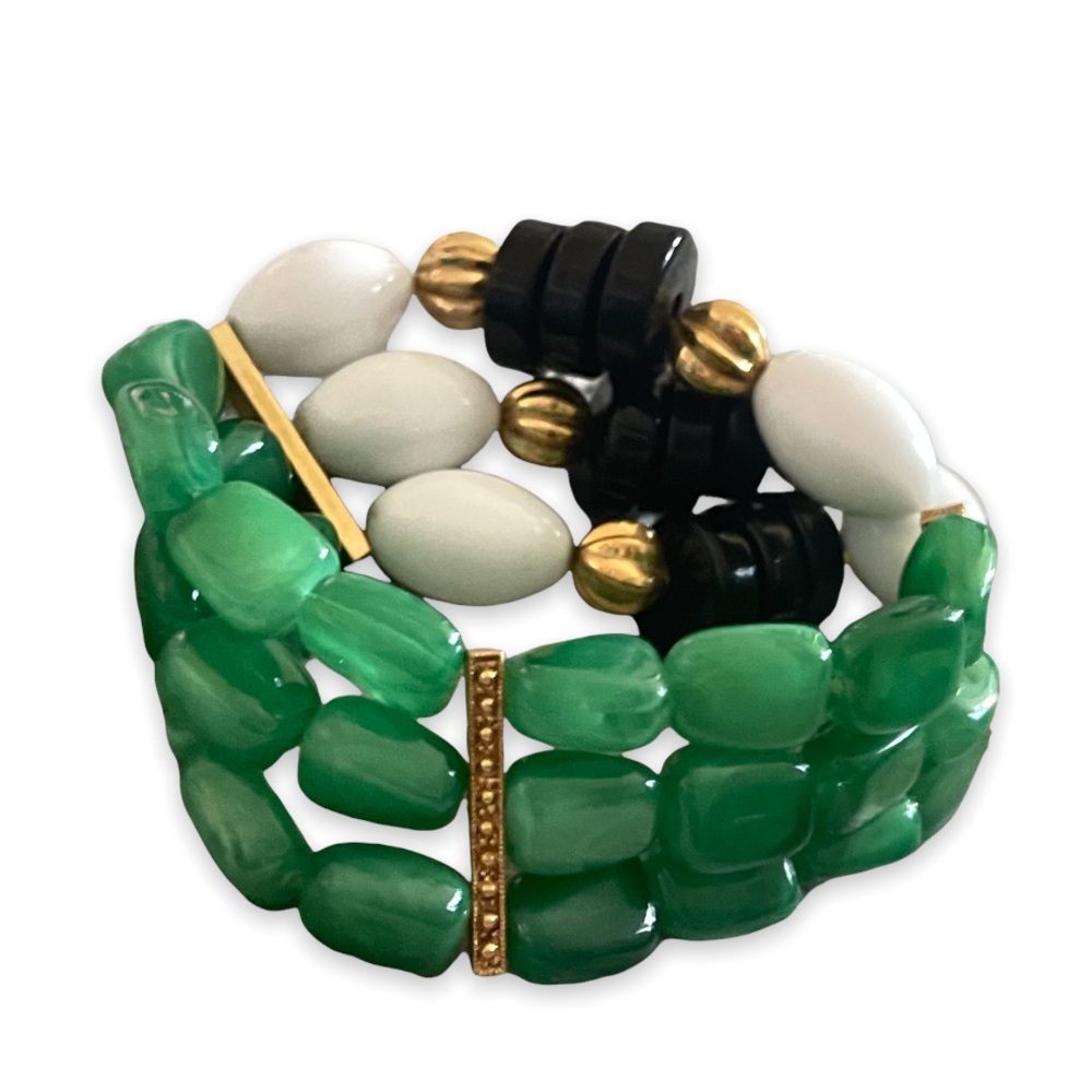 Vintage Extra Wide 3 Strand Egyptian Jade Lucite Beads Engraved Bracelet - Picture 8 of 11